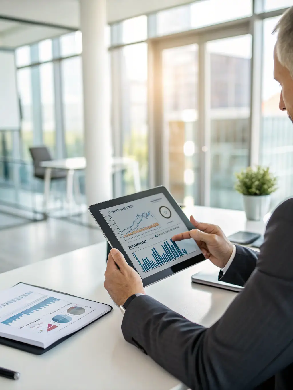 An image of a business consultant analyzing financial data on a digital tablet with growth charts in the background, representing strategic revenue growth planning.