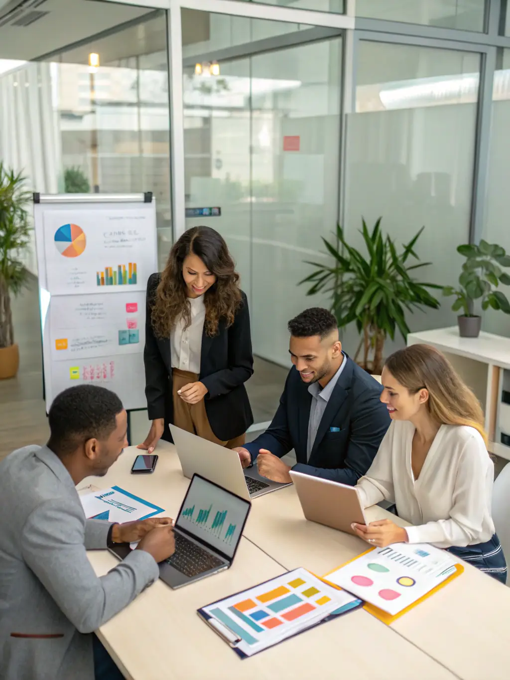 An image of a team collaborating in a modern office, brainstorming and developing innovative revenue-generating ideas.